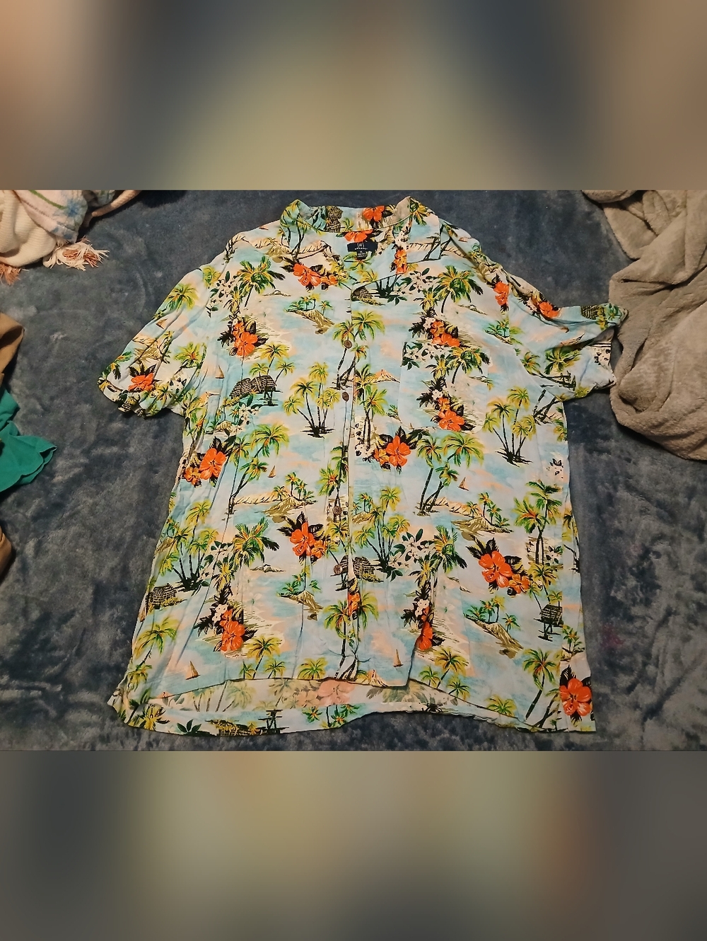 George Light Blue Hawaiian Button-Down Shirt with Orange Floral Print